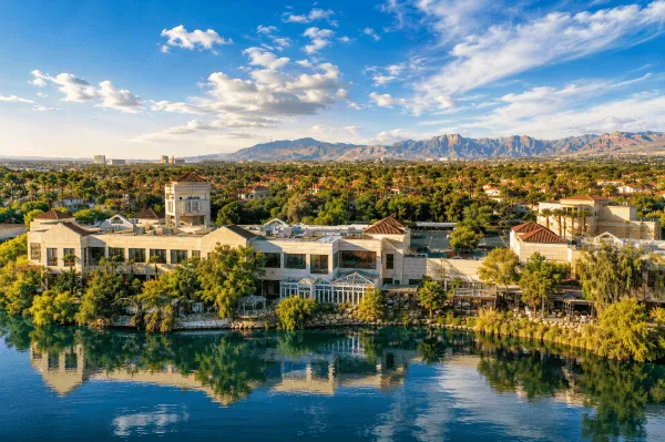 Aerial view of Lakeside Business Suites in Las Vegas overlooking the lake with mountains in the background