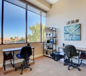 Bright private office with two workstations, large windows, and modern office furnishings